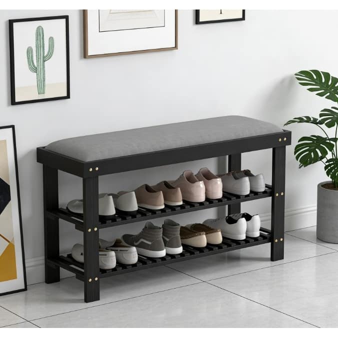 Entryway Storage Bench Bamboo Frame 2 Tier Shoe Rack with Cushion