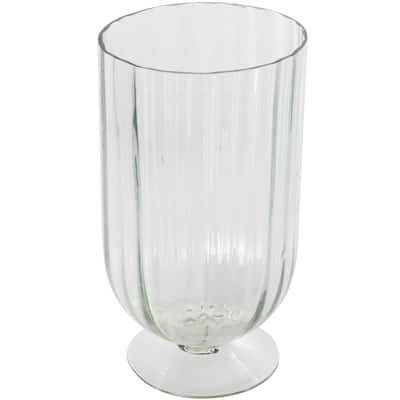 Glass Ribbed Fluted Candle Holder with Elevated Base - Clear - Roche River Decor - 6"W x 6"L x 11"H