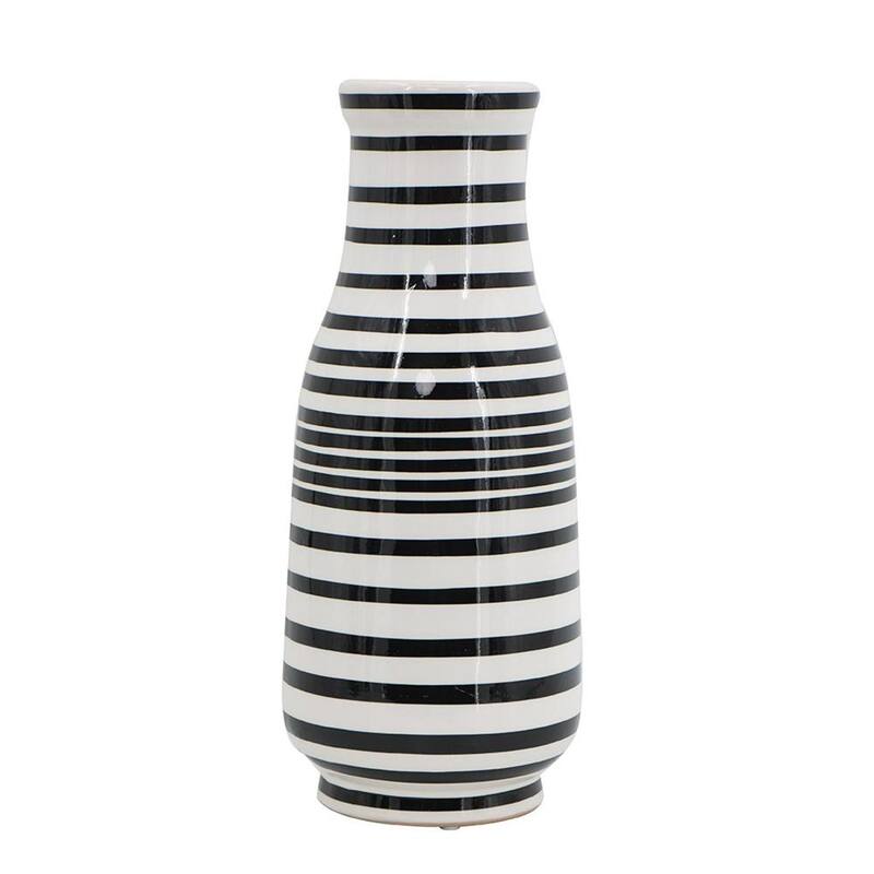 18" Black And White Hand Painted Stripe Ceramic Table Vase - 10.20