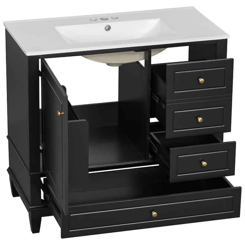 36"Bathroom Vanity with Ceramic Sink, 3 Drawers & Cabinet with Shelves, Freestanding Vanity Cabinet with 4-Inch Faucet Holes