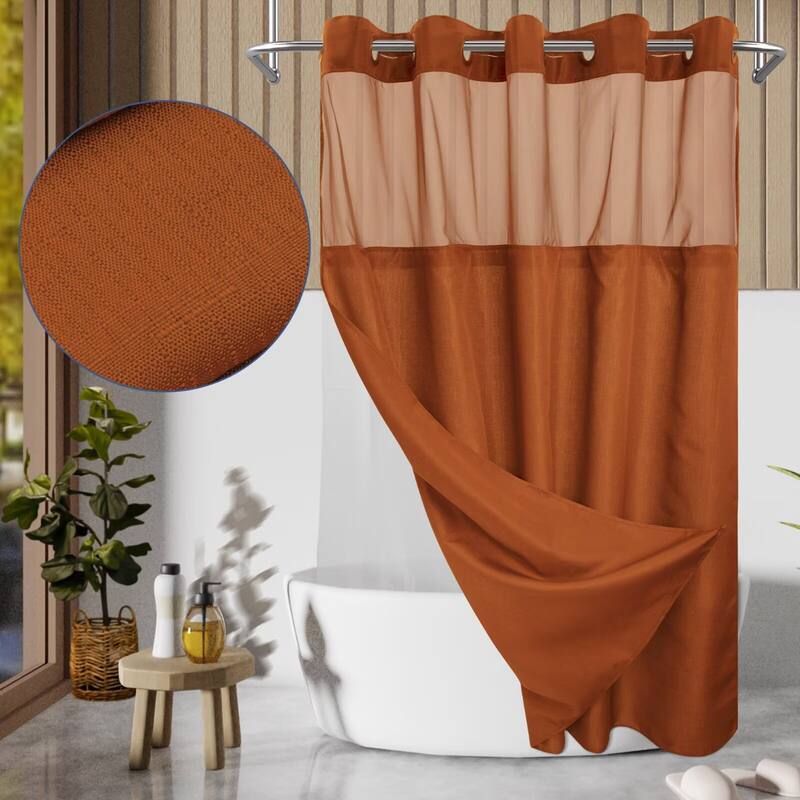 No Hook Slub Linen Texture Shower Curtain with PEVA Snap-in Liner