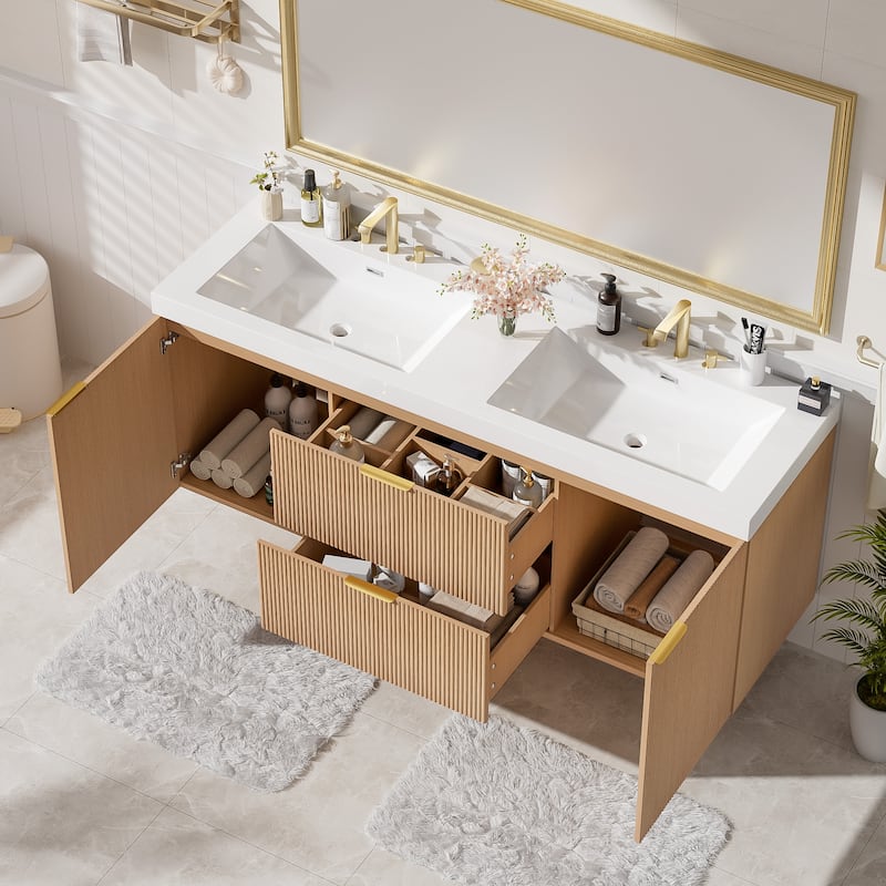 59.3" Double Sink Vanity with SMC Top & Soft-Close Doors, Wall-Mounted Modern Bathroom Storage
