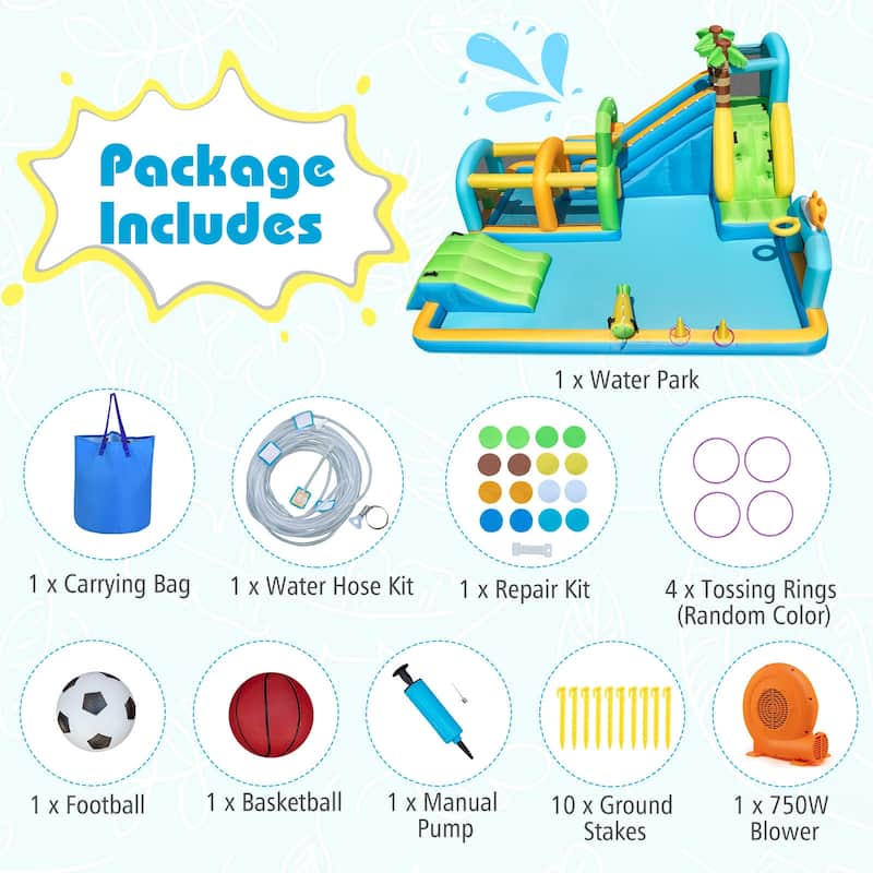 Costway Inflatable Water Park with Climbing Wall Basketball Rim Target - Multi-Colored