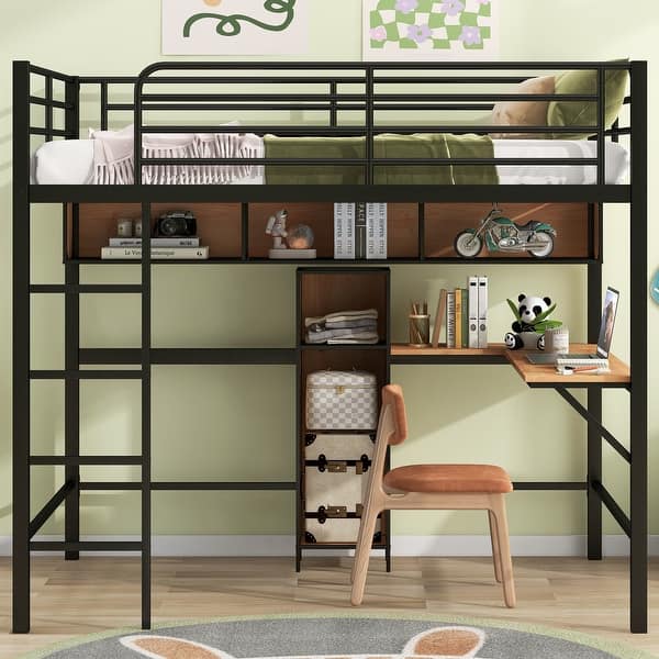 slide 2 of 13, Full Size Loft Bed with Desk and Shelves in Black & Brown Brown