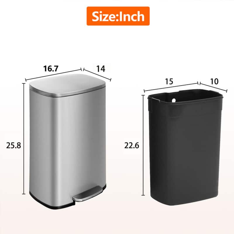 13 Gallon 50 Liter Stainless Steel Step Trash Can with Removable Inner Bucket by Furniture of America