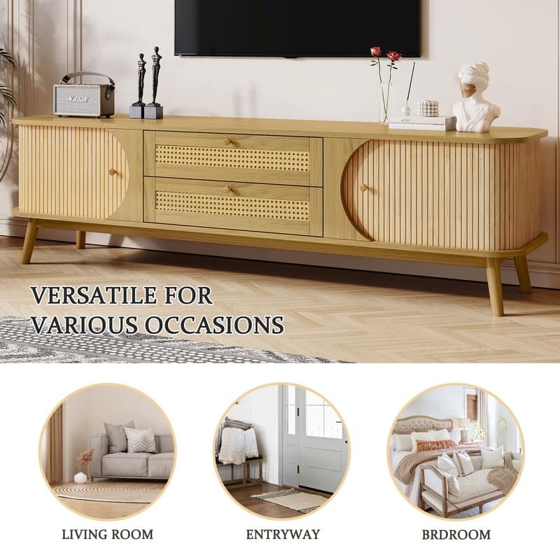 75-inch Rattan TV Stand - Modern Farmhouse Media Console with Solid Wood Legs