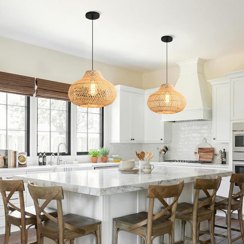 1-Light Boho Brown Rattan Hand-Woven Cloche Hanging Basket Pendant Light - 18.9" W x 59" H