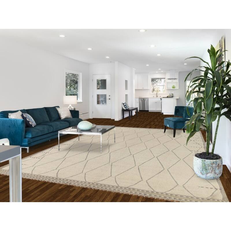 All-Over Trellis Ivory Moroccan Rug Hand-Knotted Wool Carpet - 8'8"x 12'11"