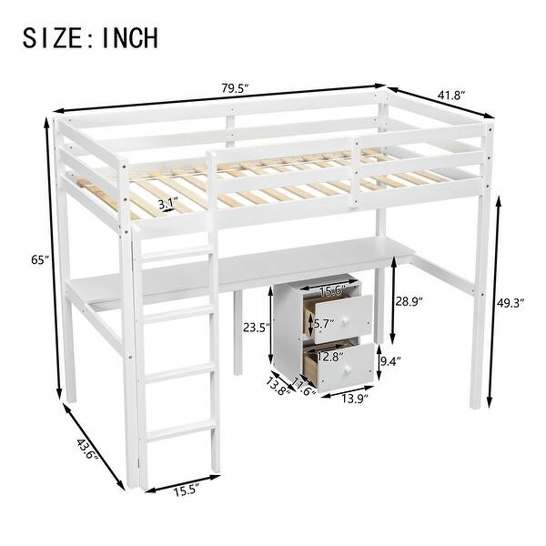 dimension image slide 1 of 2, Twin Size Wood Loft Wood Bed with Under-bed, Built-in Desk, a Storage Cabinet of 2 Drawers, Guardrails and Ladder