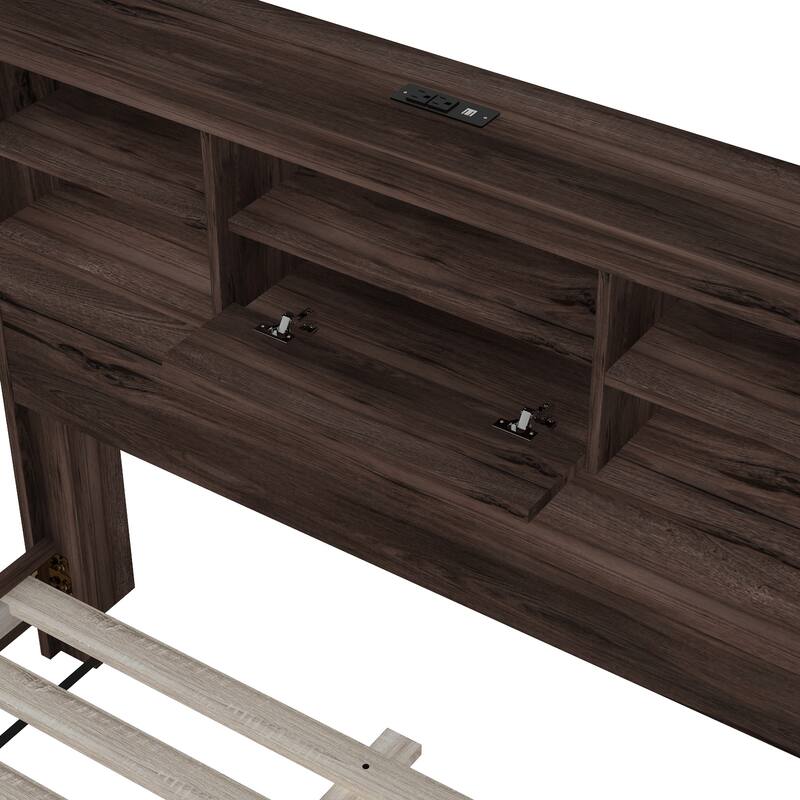 Queen Size Platform Bed,Wood Platform Bed Frame With Storage Headboard and Charging Station