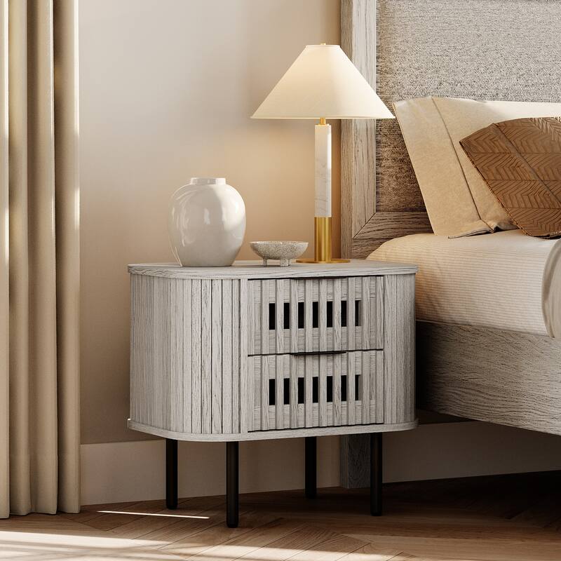 WAMPAT Fluted Nightstand with 2 Drawers,Wood End Table for Bedroom, Living Room