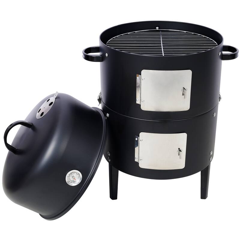 Steel Charcoal Smoker, Heavy Duty Round BBQ Grill with Thermometer and Bakelite Handles, for Outdoor Cooking, Black