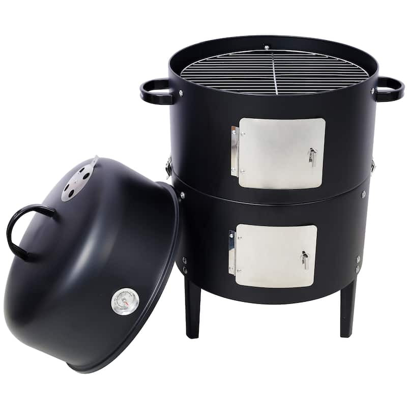 Vertical Charcoal Smoker Grill with Thermometer Dual Doors and 2 Tier 453 Sq In Cooking Area Steel BBQ Smoker - 17" x 33"