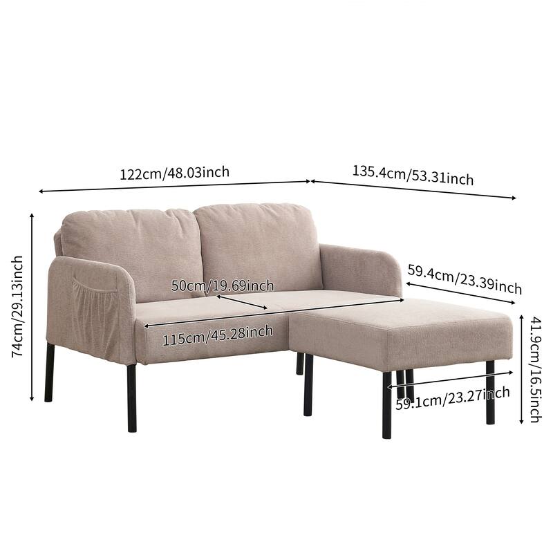 L-Shaped 2 Seater Sofa with Ottoman, Modern Polyester Fabric Loveseat Sofa, Comfy Small Couches for Small Space