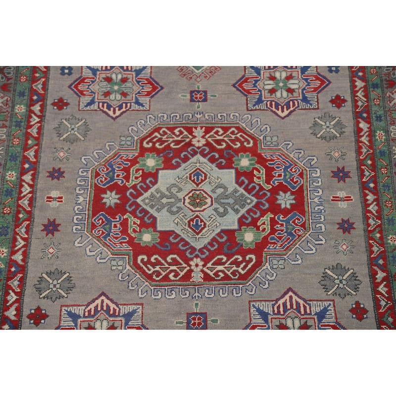 Geometric Kazak Area Rug Handmade Oriental Grey Wool Carpet - 5'6" x 7'9"