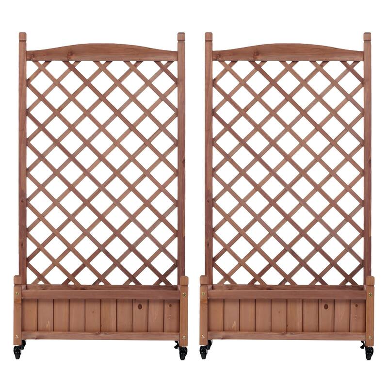 Set of 2 Portable Wood Planter Garden Bed with Wheels Drainage Trellis