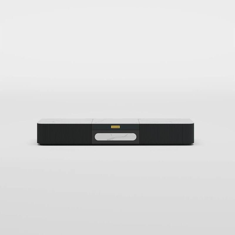 Modern TV Stand for Projector, Sintered Stone TV Cabinet with Drawers for Home Theater, Oak Veneer MDF, Black & White