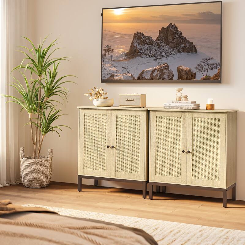 Rattan Accent Buffet Sideboard Storage Cabinet with 2 Doors