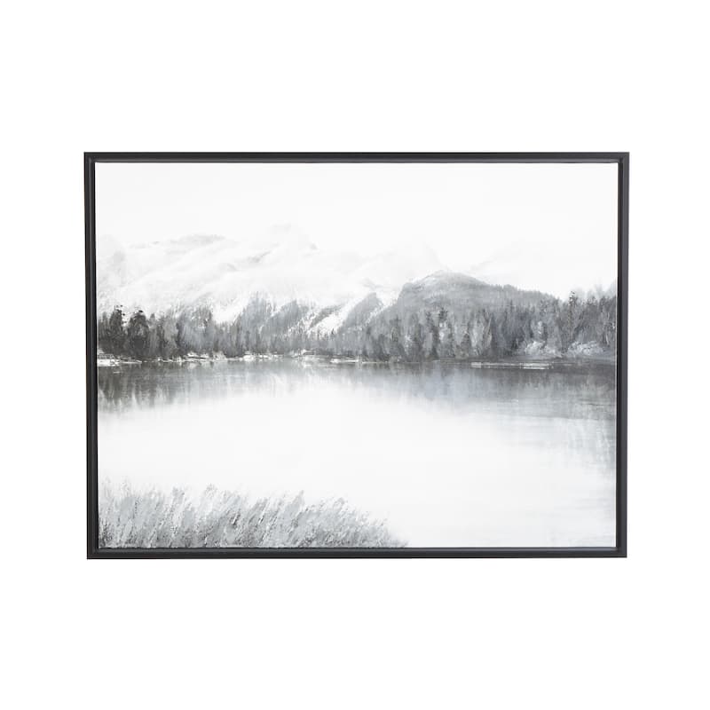 Gray Canvas Neutral Toned Lake Landscape Framed Wall Art with Black Frame