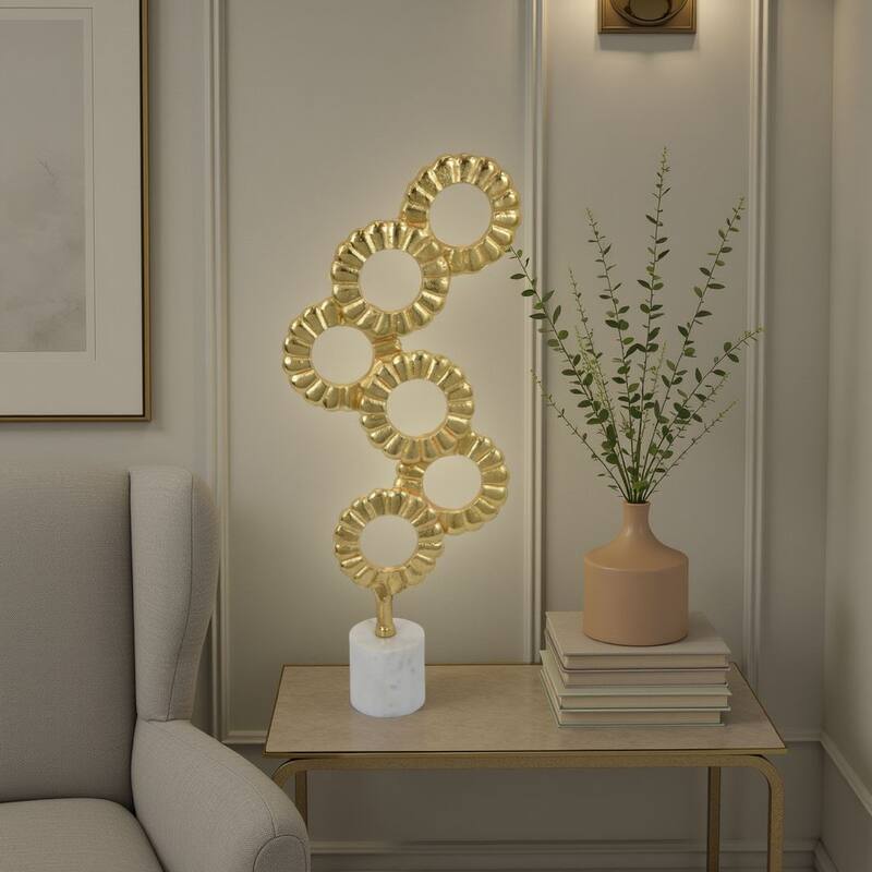 Sherry Tabletop Decor, 23 Inch Golden Metal Round Patterns, White Base