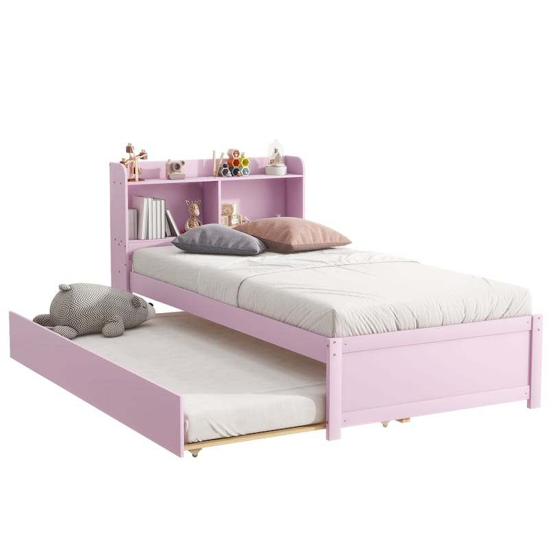 Space-Saving Twin Bed with Trundle and Bookcase in Pink