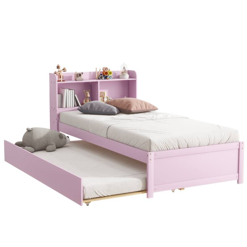 Wood Platform Bed with Trundle Bed, Storage Bed with Bookcase Headboard, Captains Bed, Wood Slat Support, No Box Spring Needed