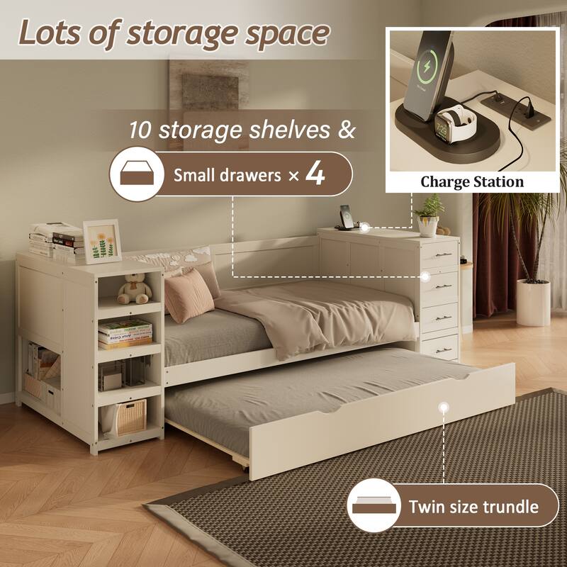 White Twin Daybed with Trundle - Storage Bed with Shelves, Drawers & Charging Station
