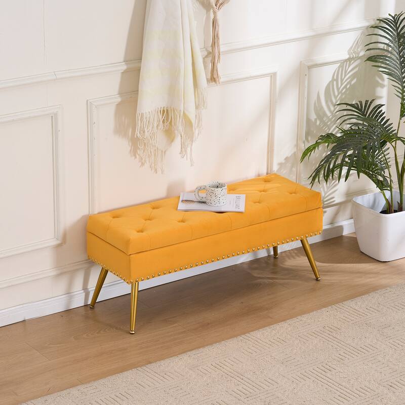 Velvet Storage Ottoman Bench with gold legs and Nailhead Trim for Bedroom/End of Bed/Entryway/Window