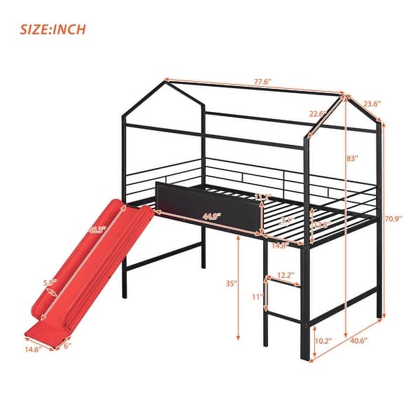 dimension image slide 0 of 3, Playhouse Design Twin Size Metal Loft Bed,Built-In Slides and Writing Board