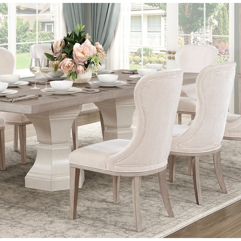 Modern Dining Set Extendable Table Armchairs Side Chairs Ivory Fabric Upholstered Furniture