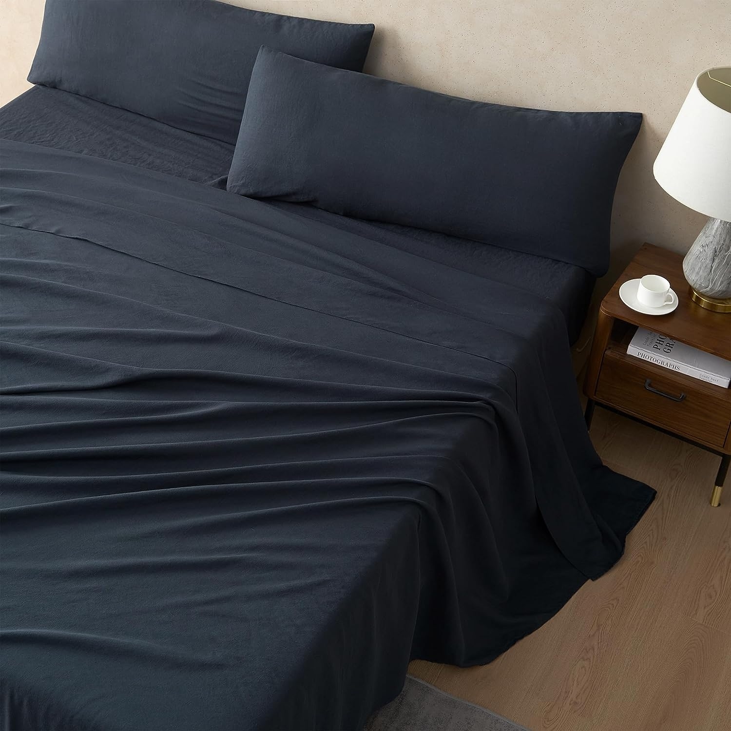 Dark Sky Reserve Bamboo Linen Sheets Nightfall Navy Made in Portugal-image