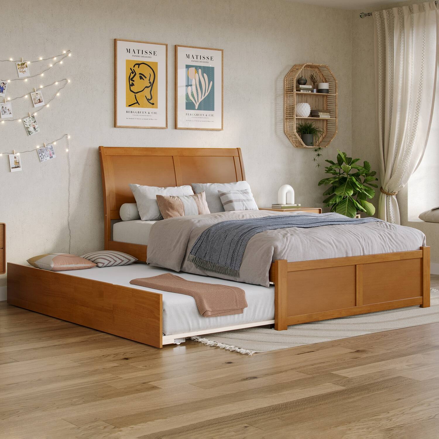 Solid Wood Platform Bed with Footboard & Trundle - Twin Size Bed Frame, Light Toffee Finish