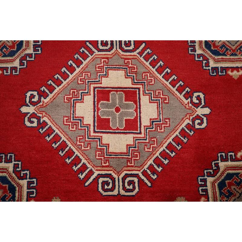 Geometric Kazak Rug Hand-Knotted Bedroom Red Wool Carpet - 5'9" x 7'7"