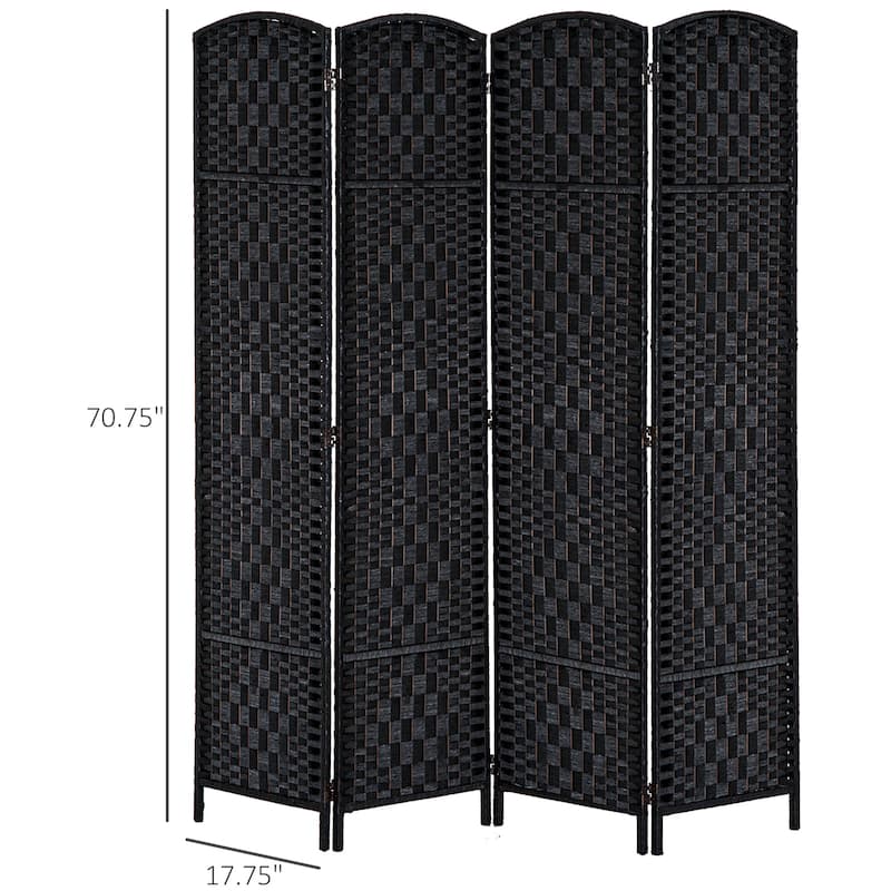 HomCom 6' Tall Wicker Weave Four Panel Room Divider Privacy Screen - Black Wood