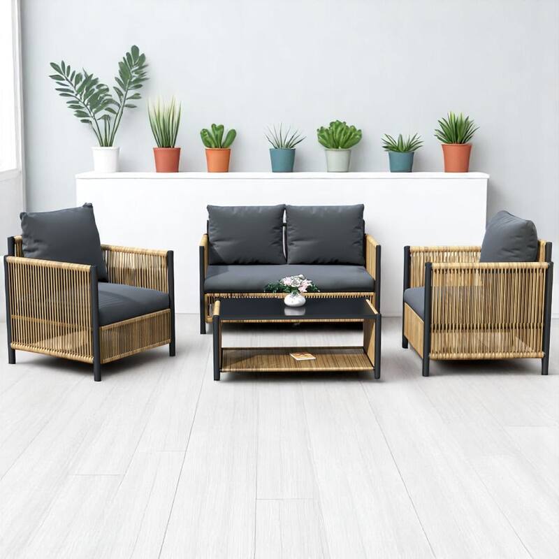 4-Piece Outdoor PE Rattan Sofa Set with Removable Cushion Covers and Coffee Table, Patio Conversation Furniture set - Steel