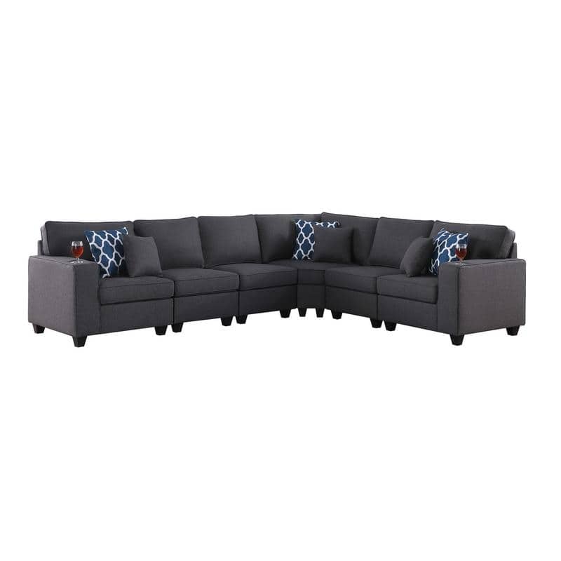 Cooper Linen 6Pc Reversible L-Shape Sectional Sofa with Cupholder - Dark Gray