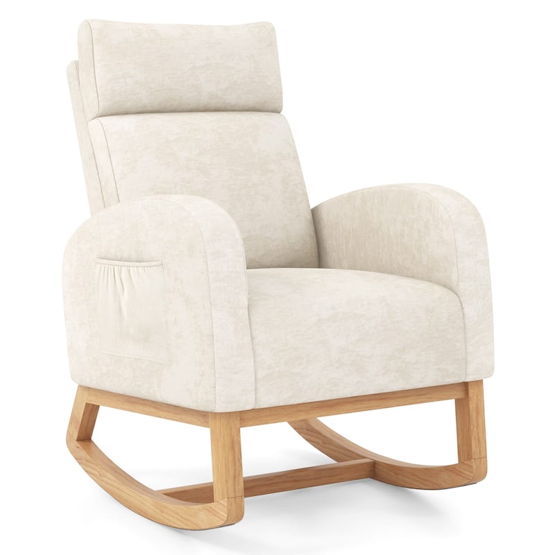 Beige Rubber Wood Rocking Chair with Chenille Fabric, Side Pocket and Ergonomic Design - 36” x 27.5” x 43” (L x W x H)