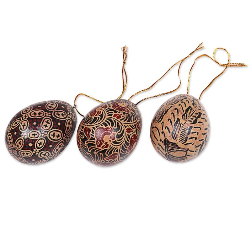 Novica Handmade Kawung Eggs Batik Wood Ornaments (Set Of 3)