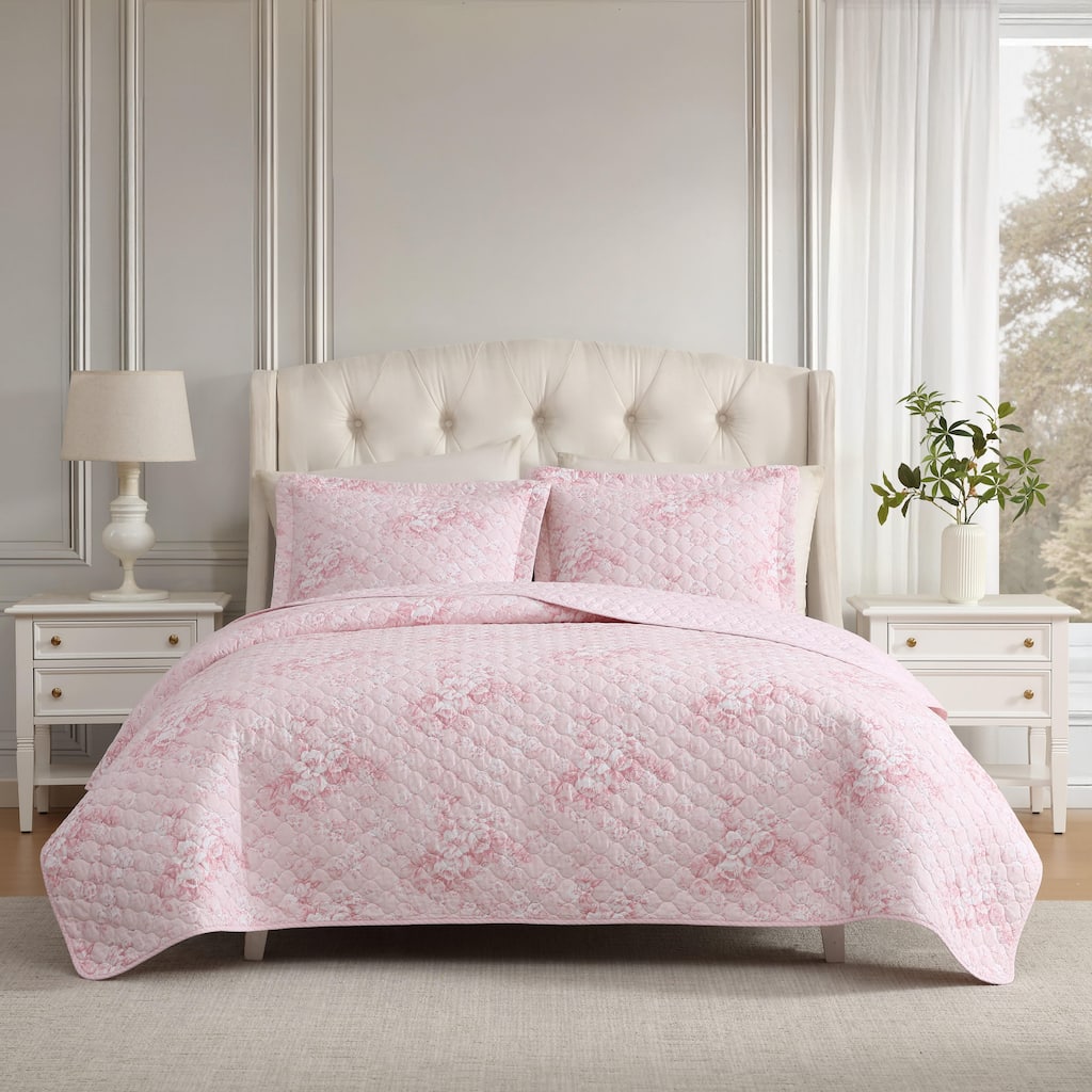 Laura Ashley Toile Delightful Cotton Reversible Pink Quilt Set