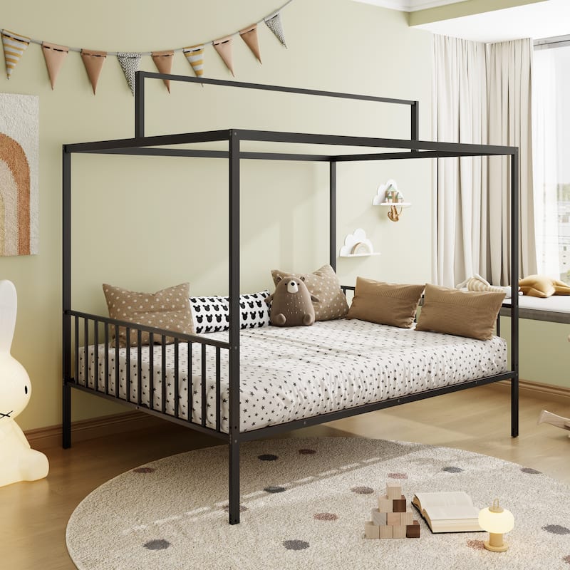 3-in-1 Convertible Metal Bed for Kids, Toddler Floor Bed, Fenced Bed and Montessori Elevated Bed with House-shaped Frame