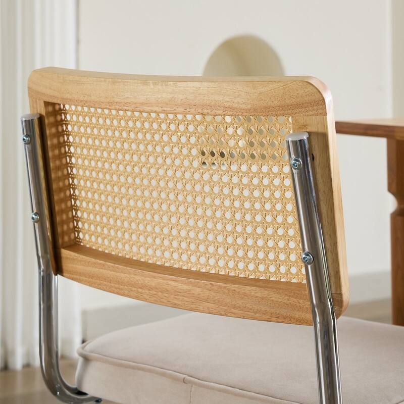 Mid Century Modern Dining Chairs Set of 2, Natural Cane Back & Stainless Chrome Base, Upholstered Rattan Kitchen Chairs