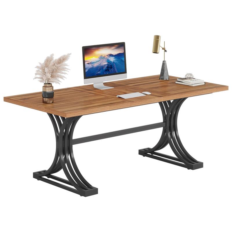 63" Large Rectangular Executive Desk, Wood Faux Marble Table, Business Computer Desk for Home Office