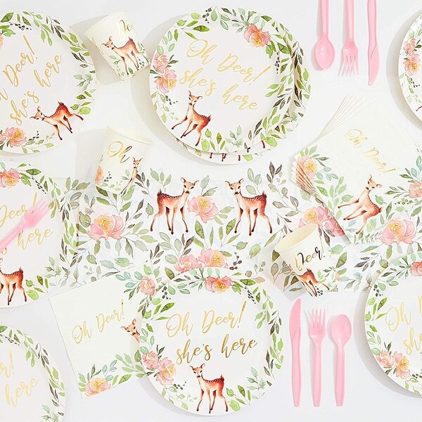 145 Piece Oh Deer Baby Shower Decorations for Girl with Party Plates Napkins Cups Cutlery Tablecloth Serves 24 Bed Bath Beyond 33035961