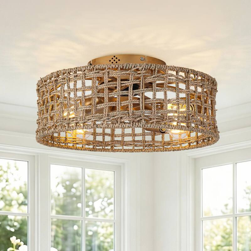 17.7" Natural Corn Straw Rope Brass Caged Flush Mount Ceiling Fan with Remote and App