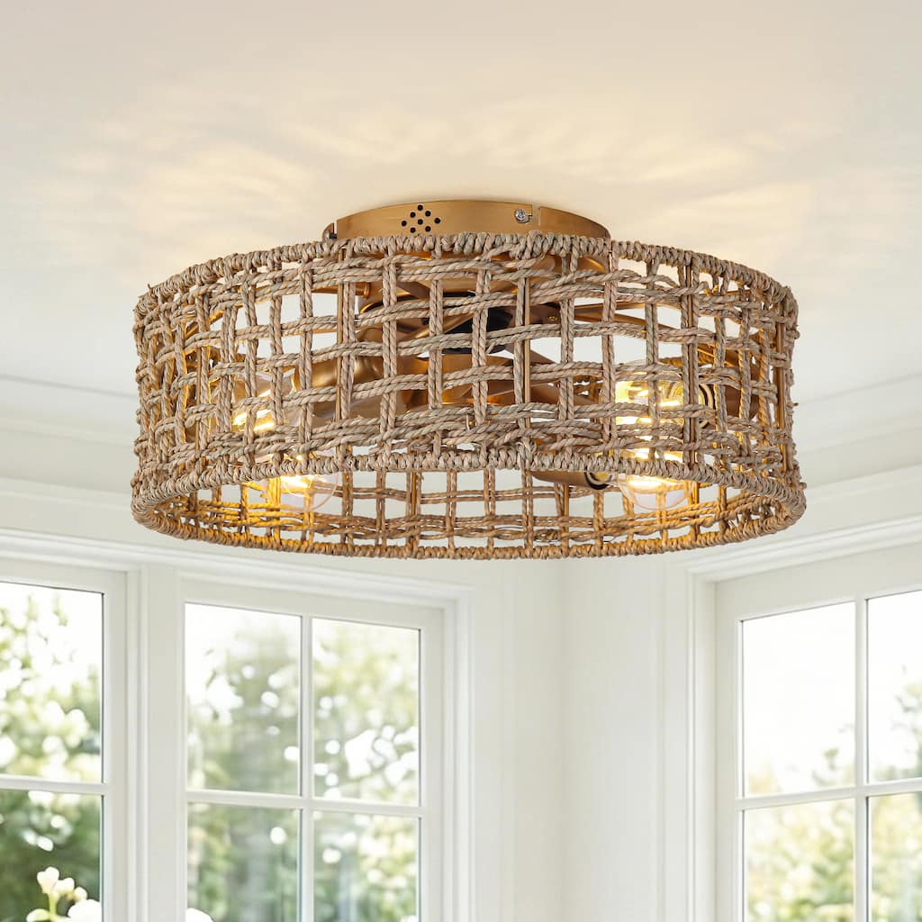 17.7" Natural Corn Straw Rope Brass Caged Flush Mount Ceiling Fan with Remote and App
