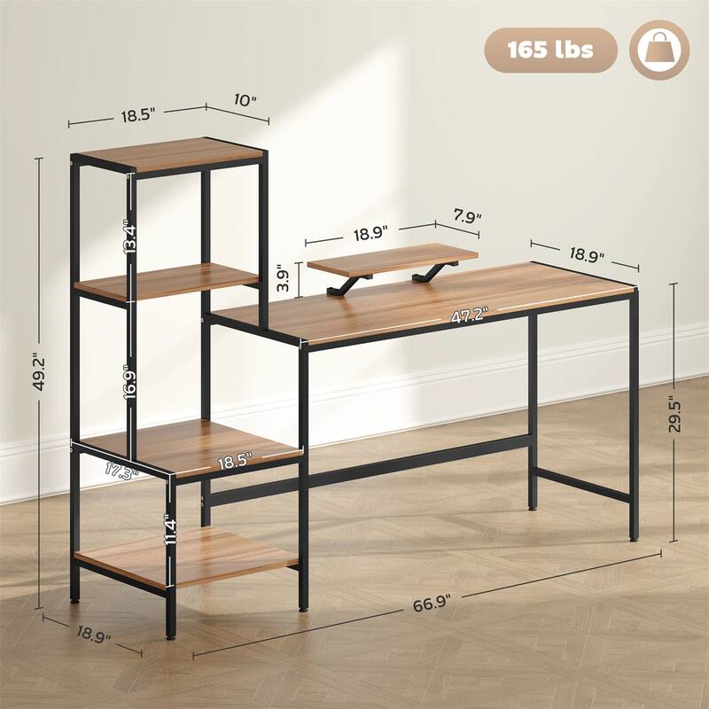 Computer Desk with Four Tier Storage Shelf and Monitor Stand Industrial Brown and Black Design Sturdy Home Office Workstation