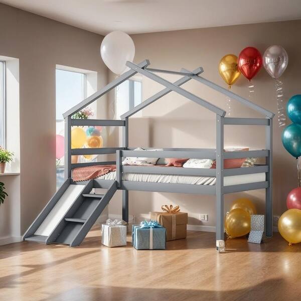 slide 2 of 12, Twin Low Loft House Bed with Slide, Ladder, Safety Guardrails, Grey Grey