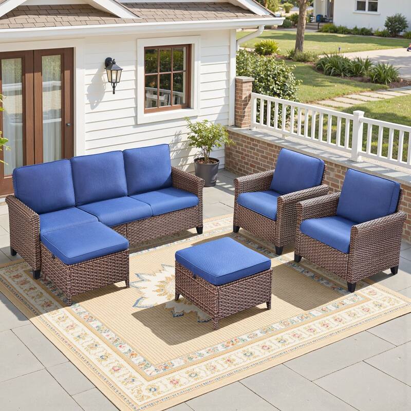Pocassy Outdoor Sofa Swivel Chairs Patio Chair Funiture Set - 5PCS Sofa Patio Chair w/ Ottoman - Brown Wicker Beige Cushion