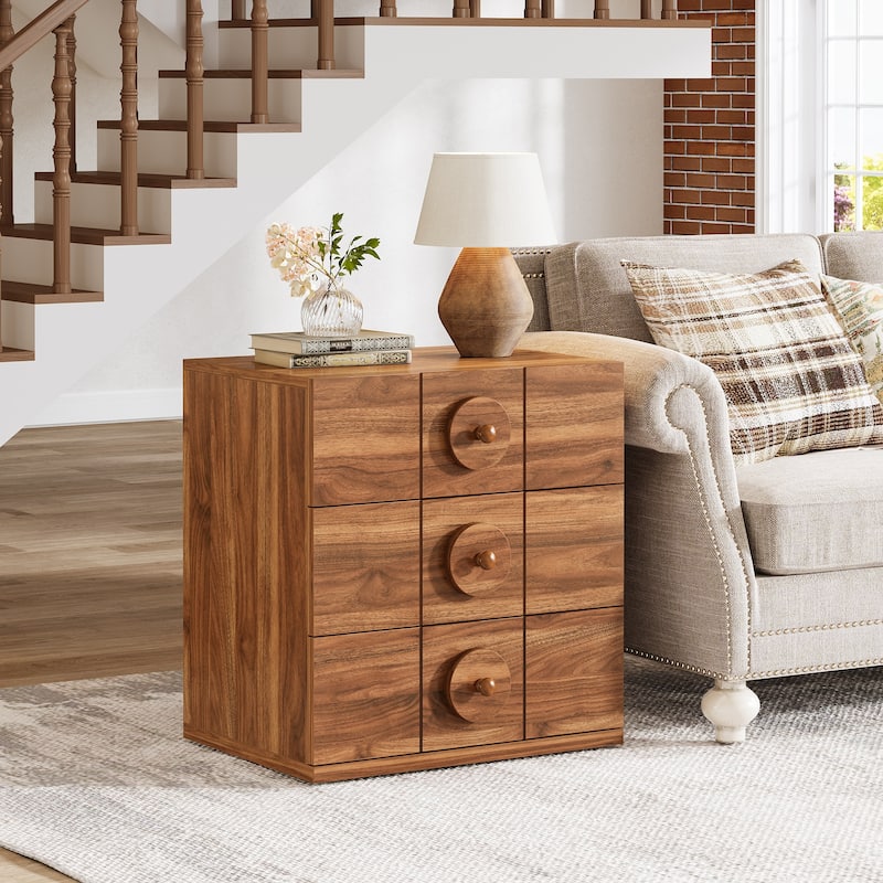 Modern Nightstand with 3 Drawers, Wood Bedside Table with Solid Handles