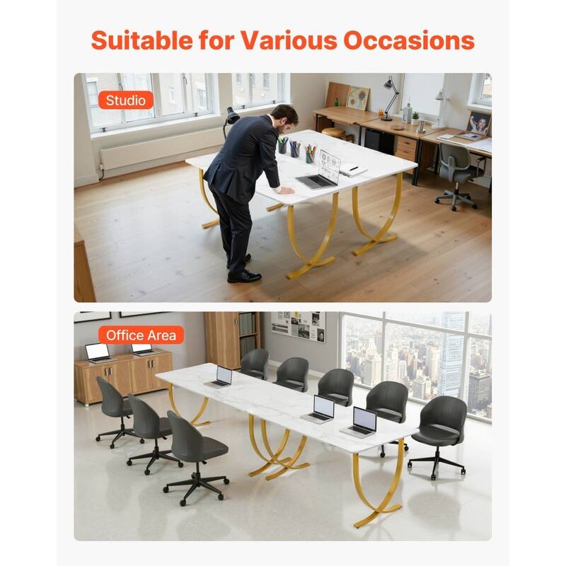 63 Inch White and Gold Computer Desk with Steel Frame for Large Home or Office